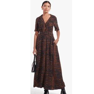 STAUD Millie Zebra-print Maxi Shirt Dress In Mahogany Zebra Size 10